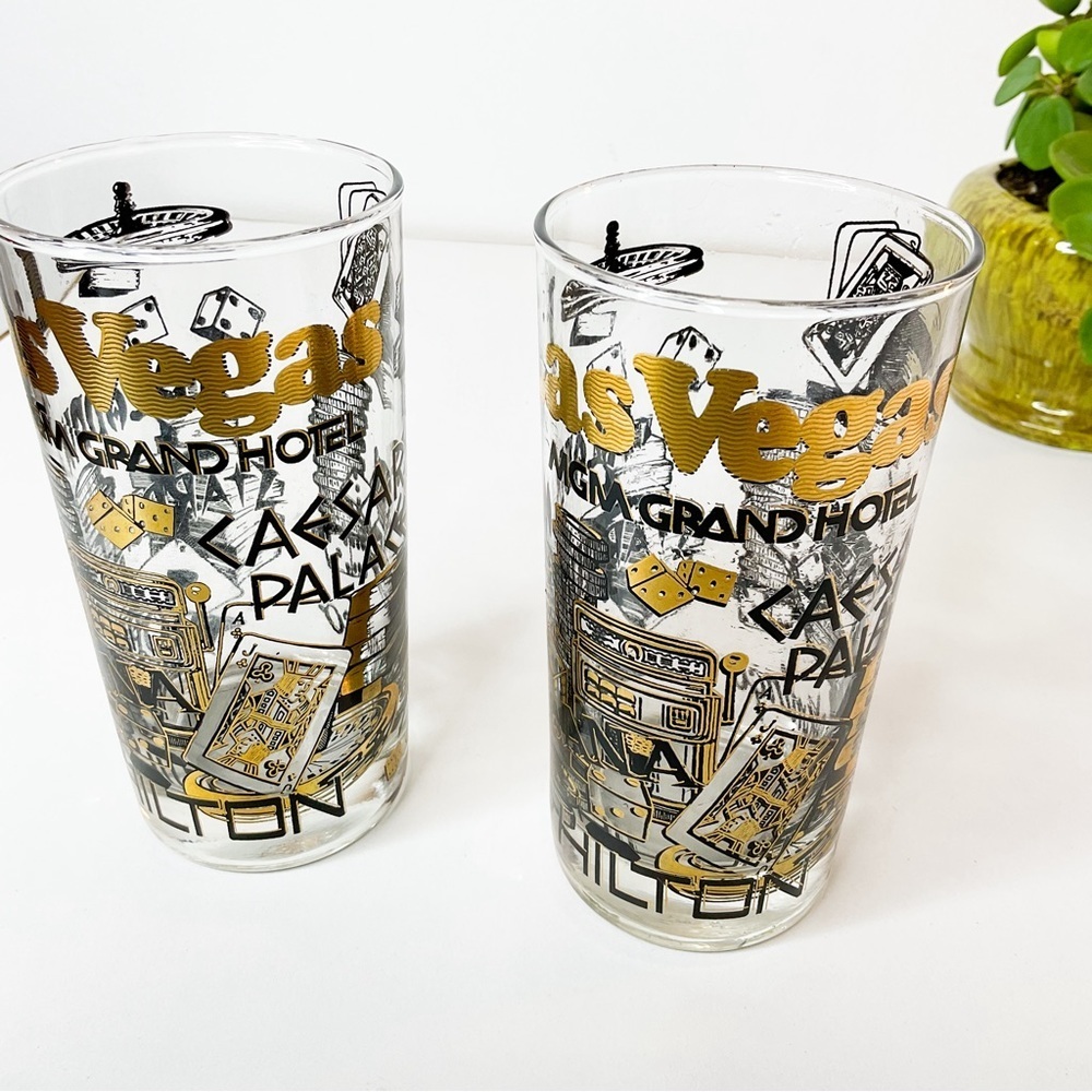 VINTAGE Midcentury Modern Gold & Black Glass Las Vegas Tumblers - Set Of Two